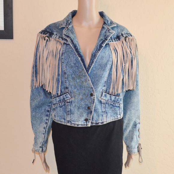 Vintage Jackets & Blazers - Vintage Denim & Suede Fringe Boho Cropped Jacket